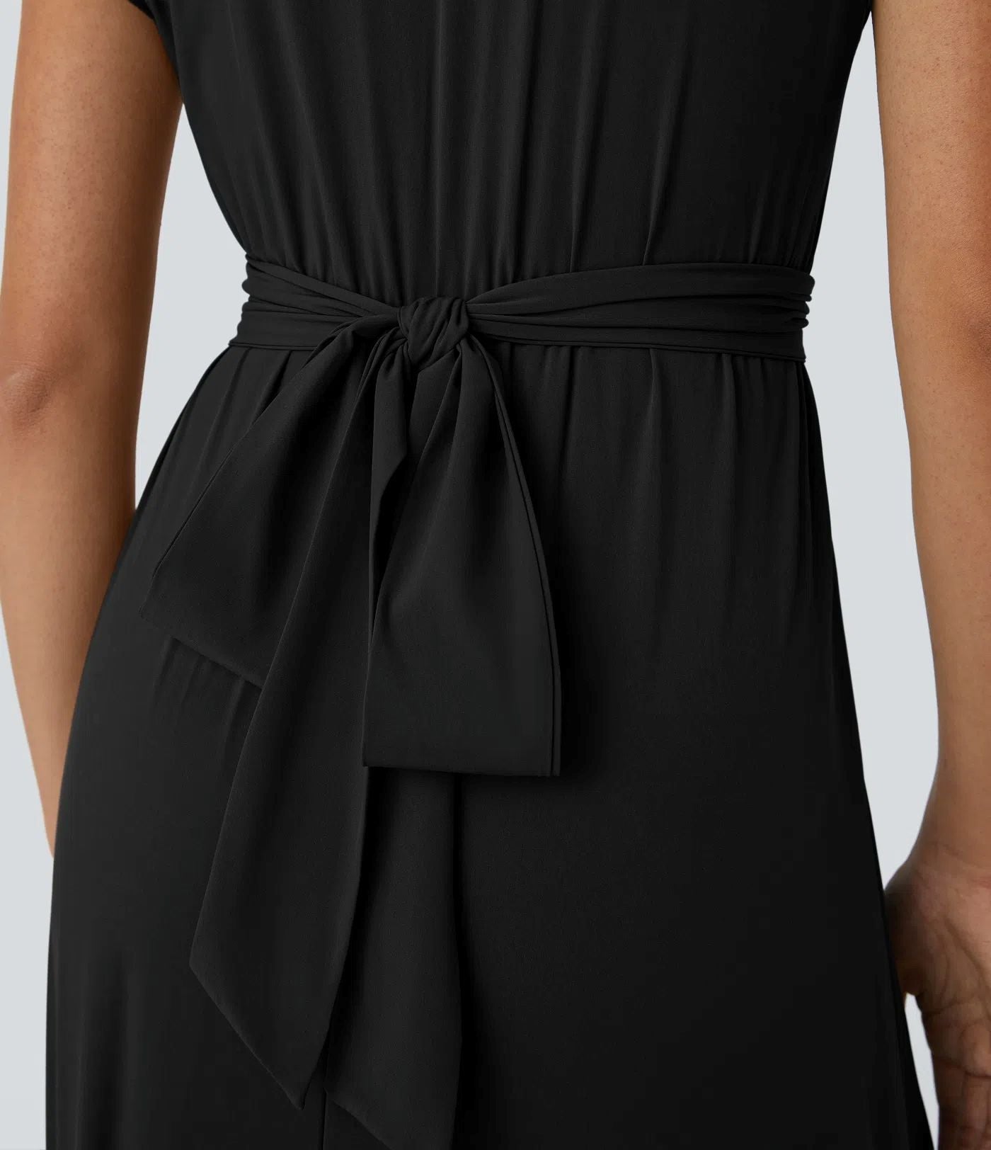 Solid Color Overlapping V-neck Short Sleeve Side Pocket Lace-up Quick-drying Mid-length Casual Dress