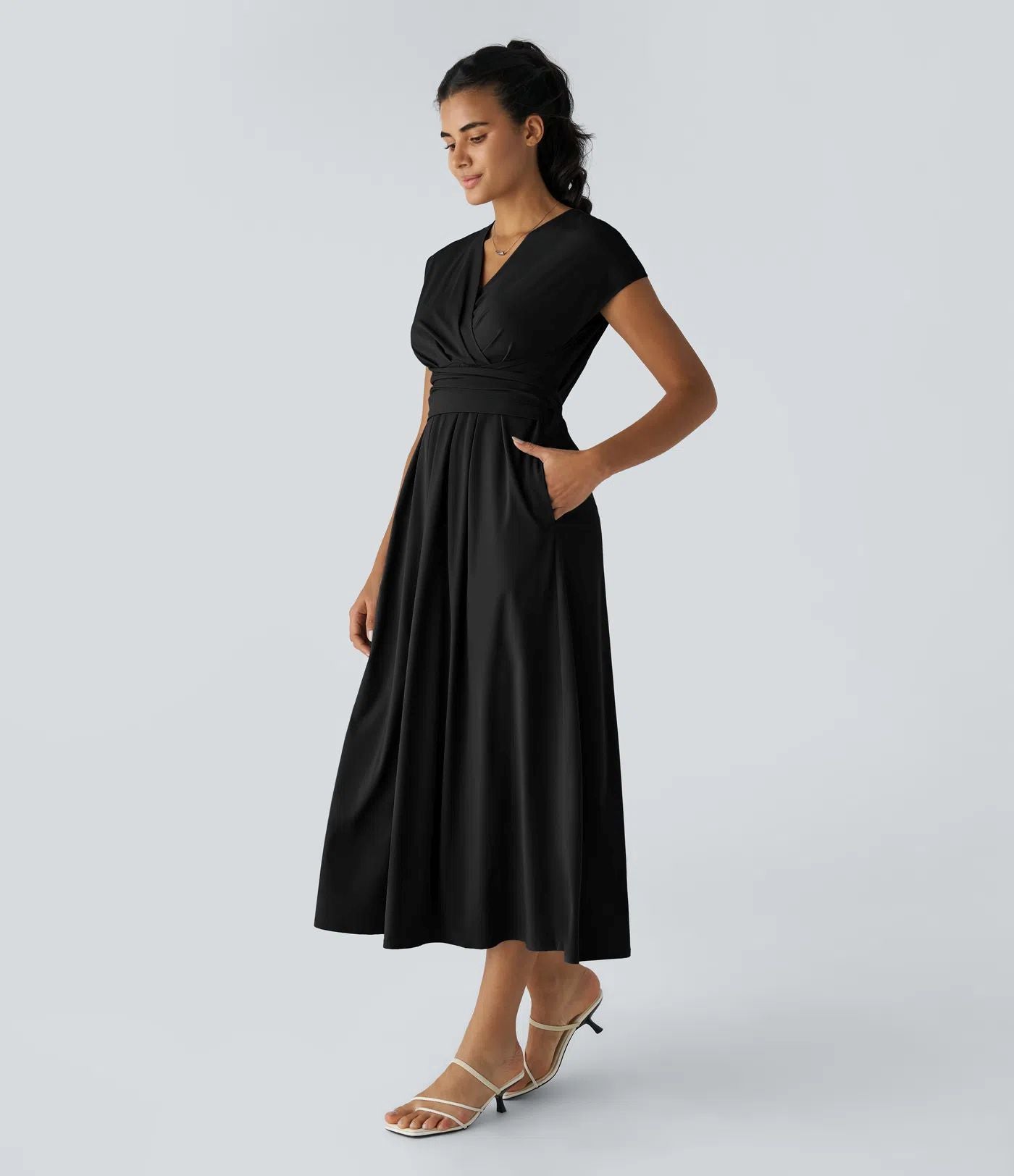 Solid Color Overlapping V-neck Short Sleeve Side Pocket Lace-up Quick-drying Mid-length Casual Dress