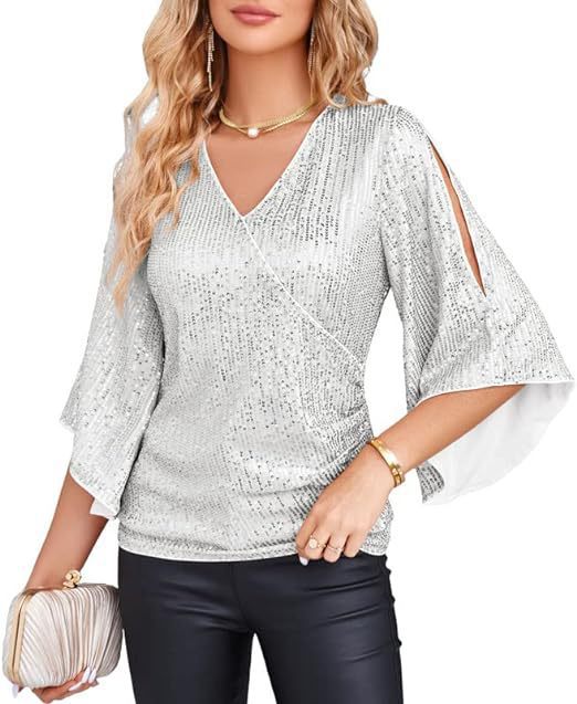 New Women's Sequined Bell Sleeve Top