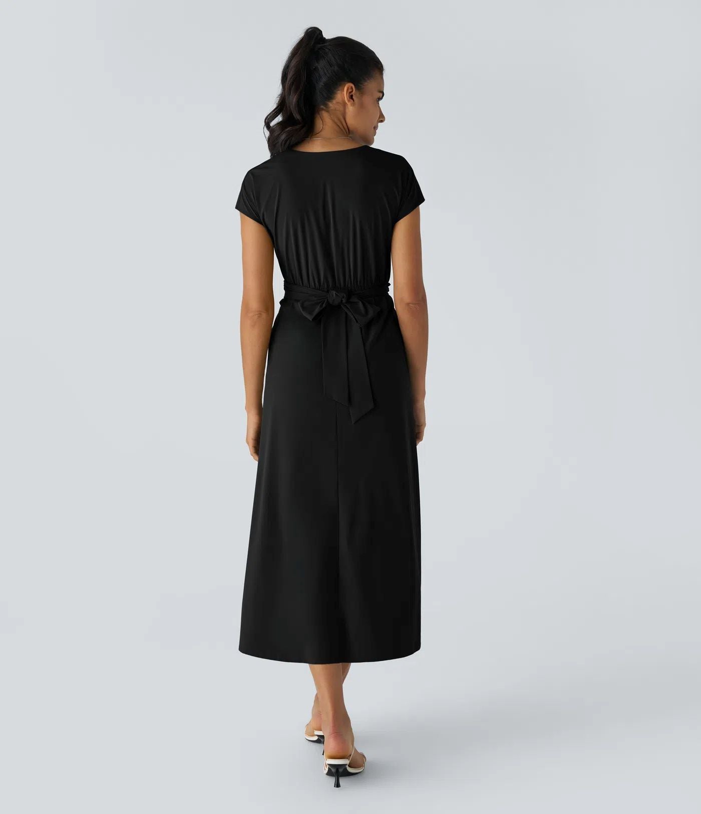 Solid Color Overlapping V-neck Short Sleeve Side Pocket Lace-up Quick-drying Mid-length Casual Dress