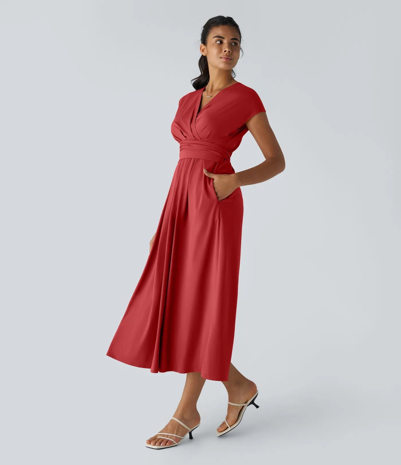 Solid Color Overlapping V-neck Short Sleeve Side Pocket Lace-up Quick-drying Mid-length Casual Dress