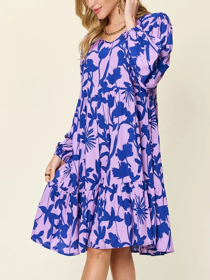 Casual Printed Long Sleeve Pleated Round Neck Dress