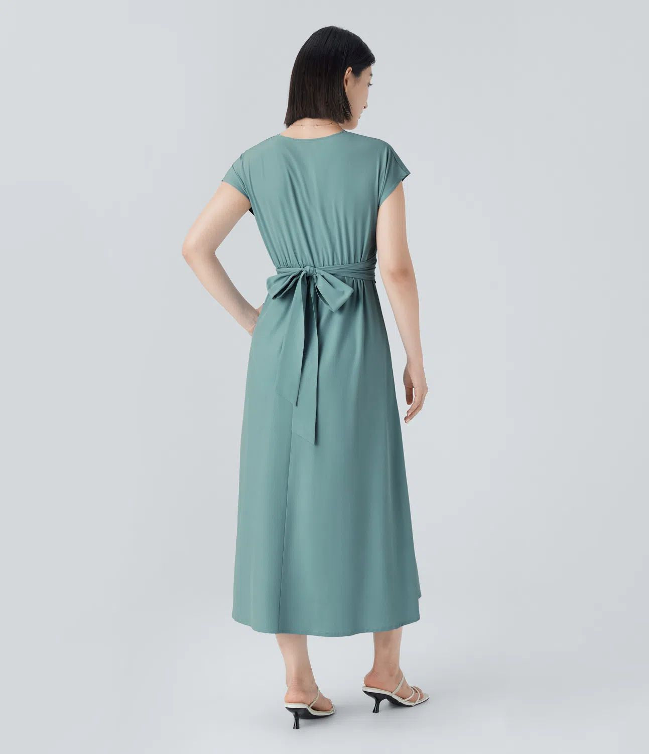 Solid Color Overlapping V-neck Short Sleeve Side Pocket Lace-up Quick-drying Mid-length Casual Dress