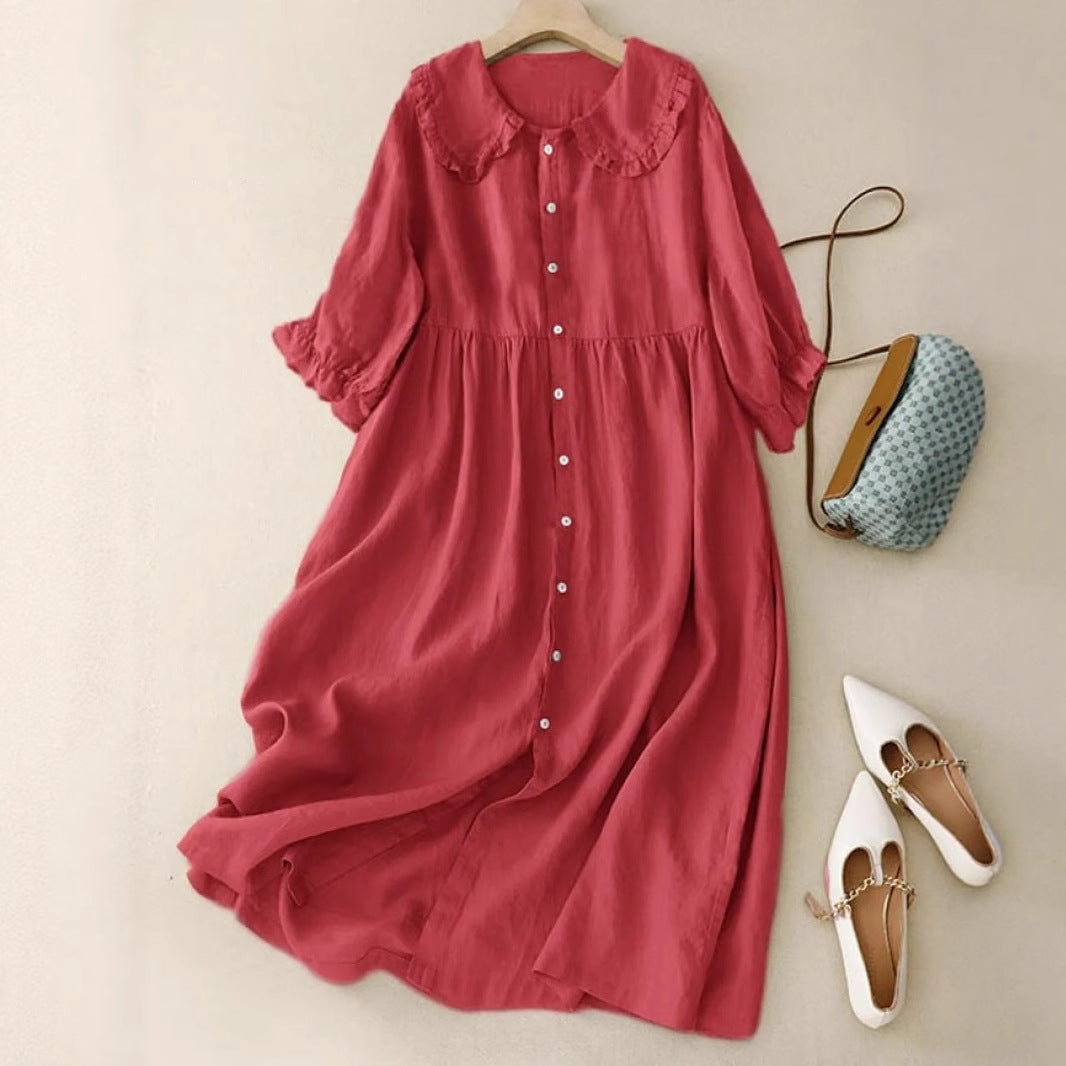 Women's Doll Collar Loose Mid-length Cotton And Linen Dress