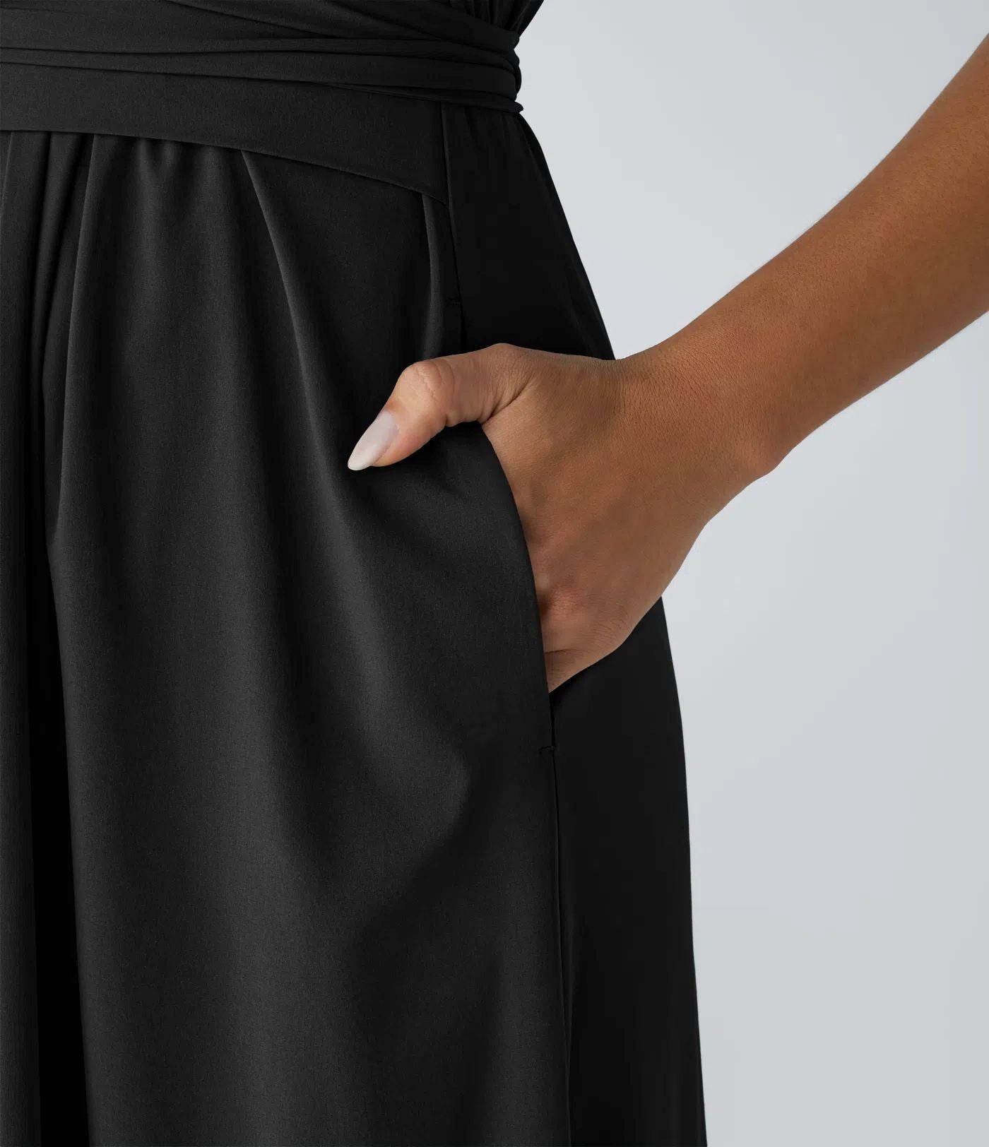 Solid Color Overlapping V-neck Short Sleeve Side Pocket Lace-up Quick-drying Mid-length Casual Dress