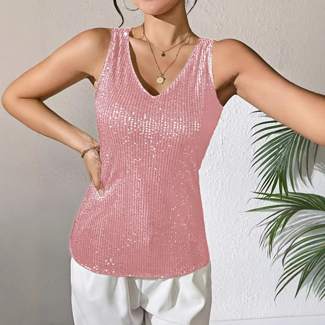 Sexy V-neck Loose Sequined T-shirt Outer Wear Inner Wear Women's Vest