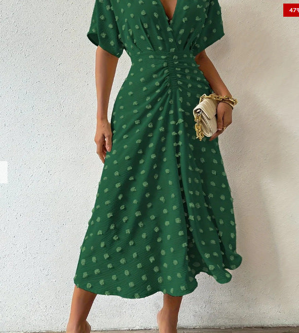 Summer New Fur Ball Ruffle Sleeve V-neck Waist Tied Dress