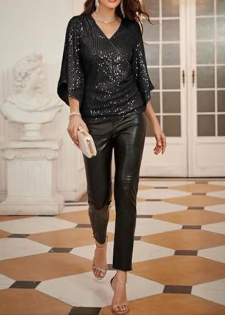 New Women's Sequined Bell Sleeve Top