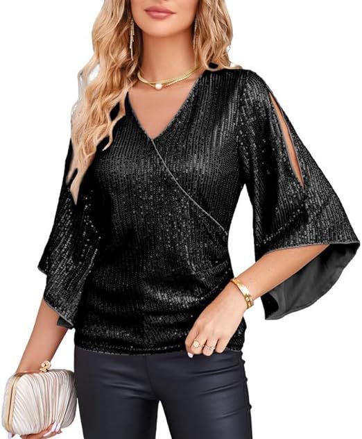 New Women's Sequined Bell Sleeve Top