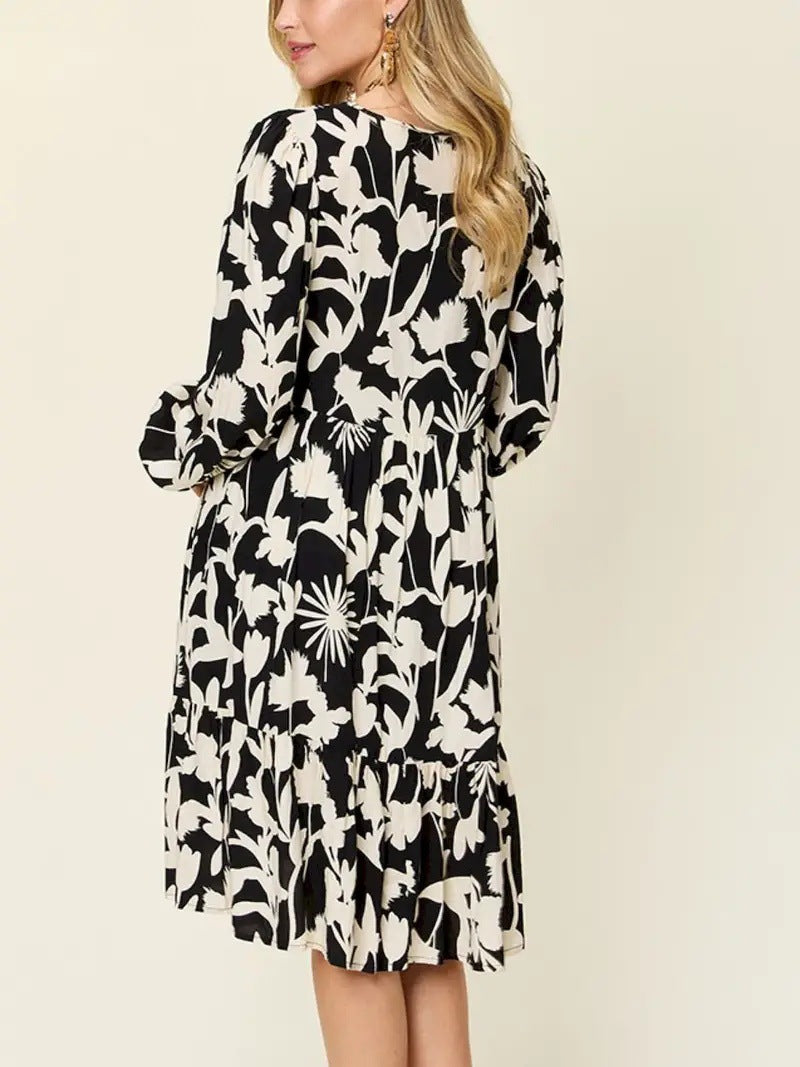 Casual Printed Long Sleeve Pleated Round Neck Dress