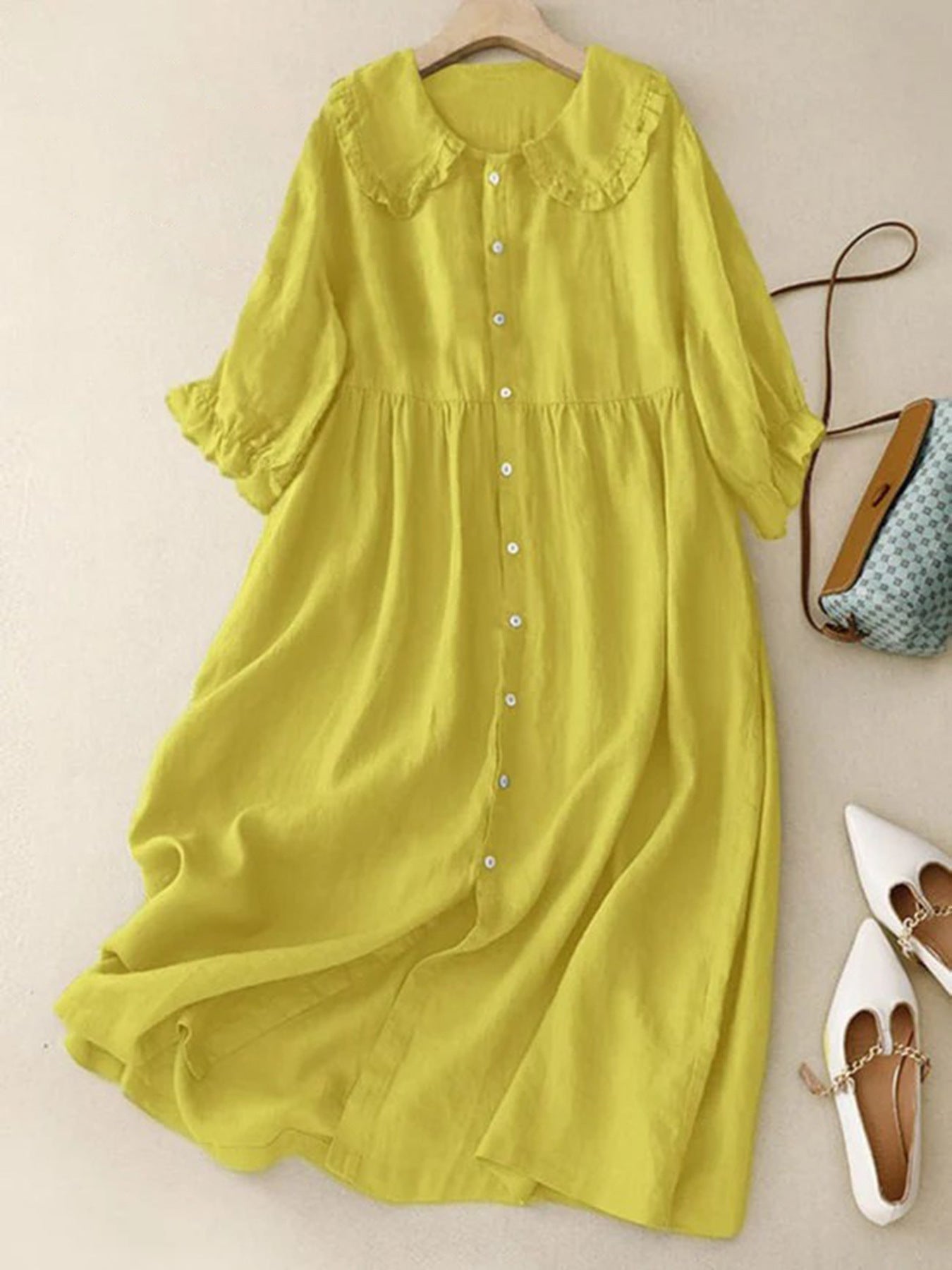 Women's Doll Collar Loose Mid-length Cotton And Linen Dress