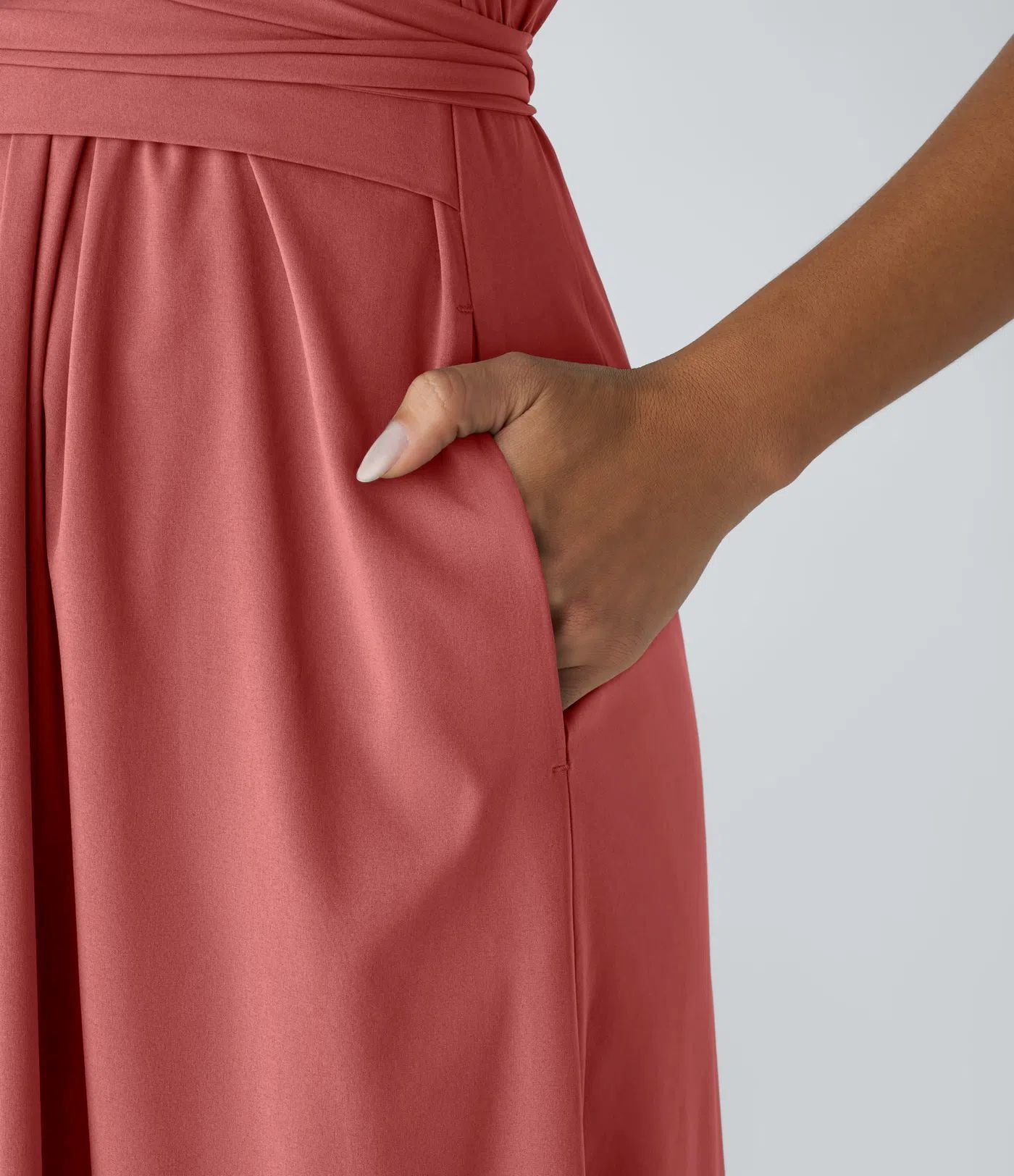Solid Color Overlapping V-neck Short Sleeve Side Pocket Lace-up Quick-drying Mid-length Casual Dress