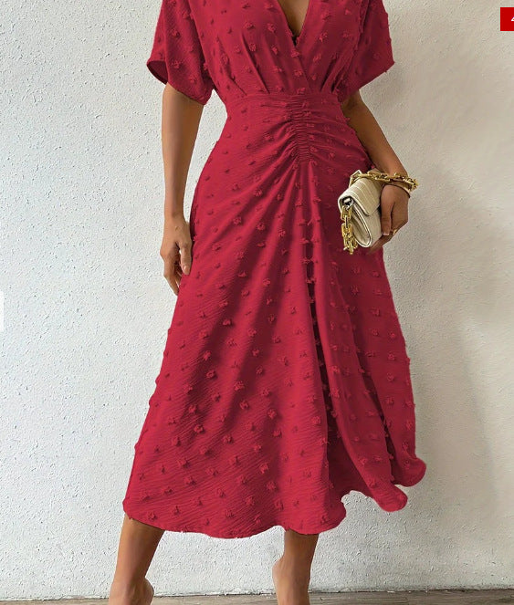 Summer New Fur Ball Ruffle Sleeve V-neck Waist Tied Dress