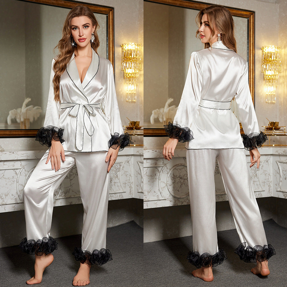 Elegant Women's Ice Silk Pajamas Set with Lace – Long Sleeve & Pants Sleepwear