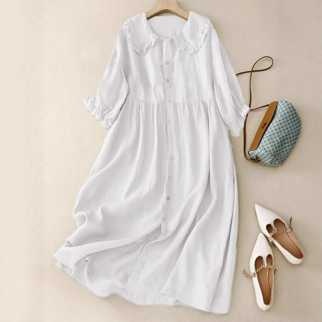 Women's Doll Collar Loose Mid-length Cotton And Linen Dress