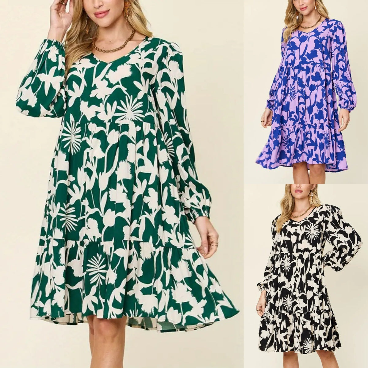 Casual Printed Long Sleeve Pleated Round Neck Dress