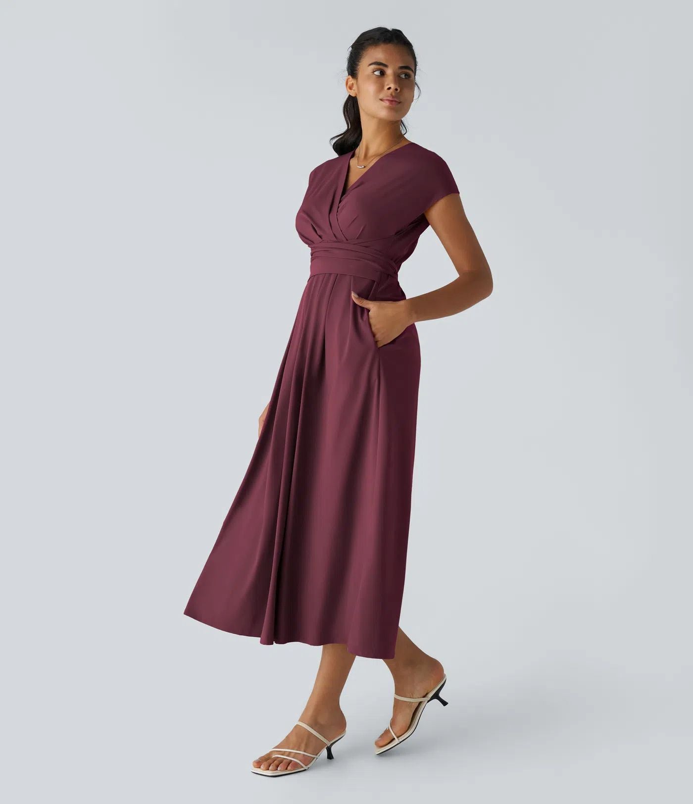 Solid Color Overlapping V-neck Short Sleeve Side Pocket Lace-up Quick-drying Mid-length Casual Dress