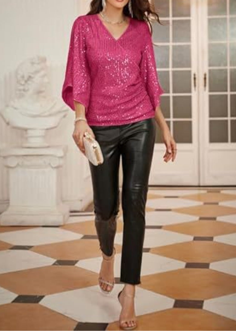 New Women's Sequined Bell Sleeve Top