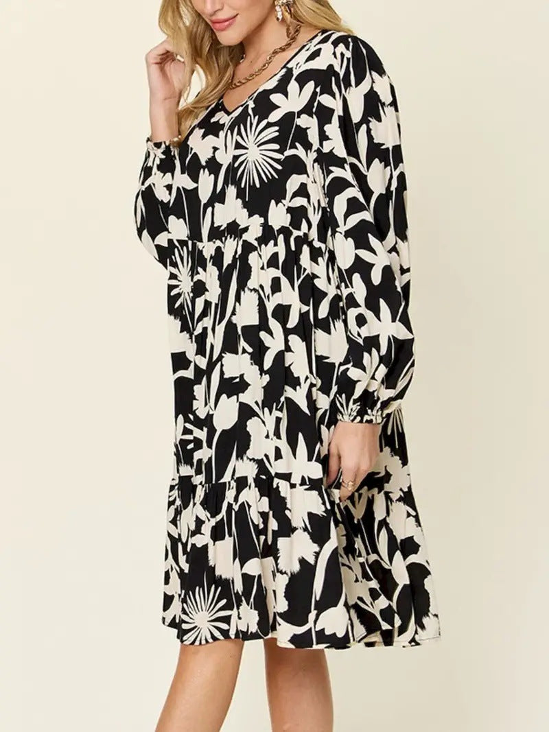 Casual Printed Long Sleeve Pleated Round Neck Dress