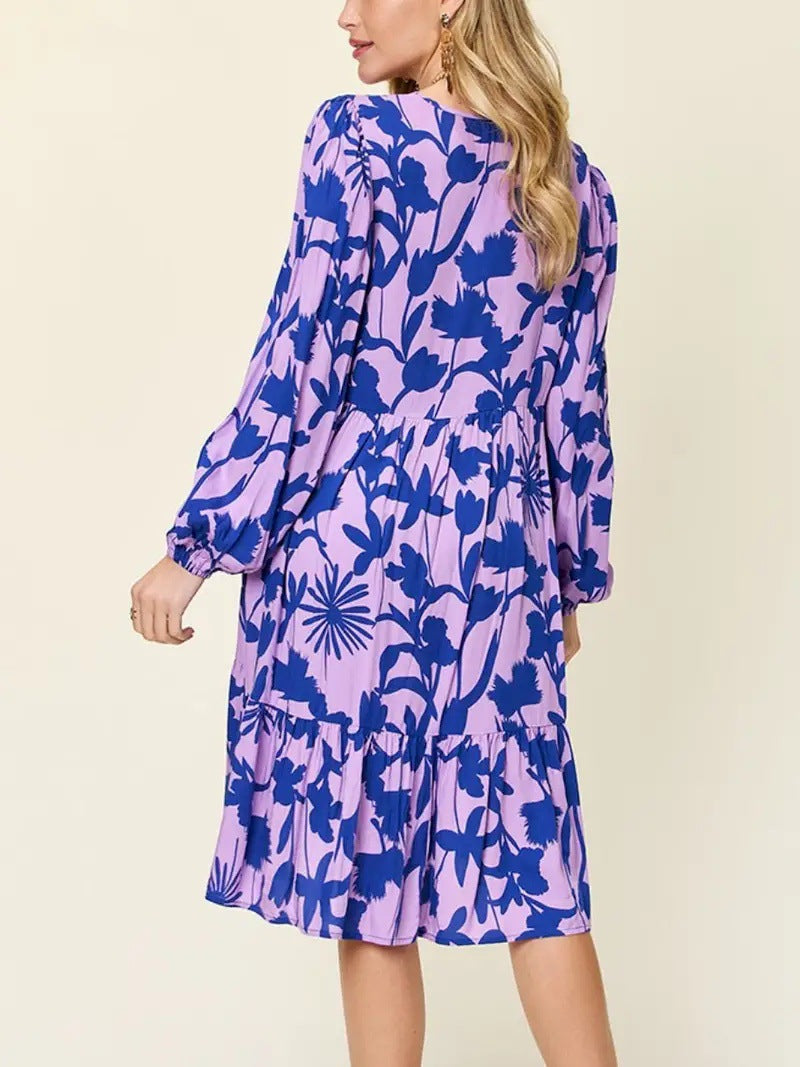 Casual Printed Long Sleeve Pleated Round Neck Dress
