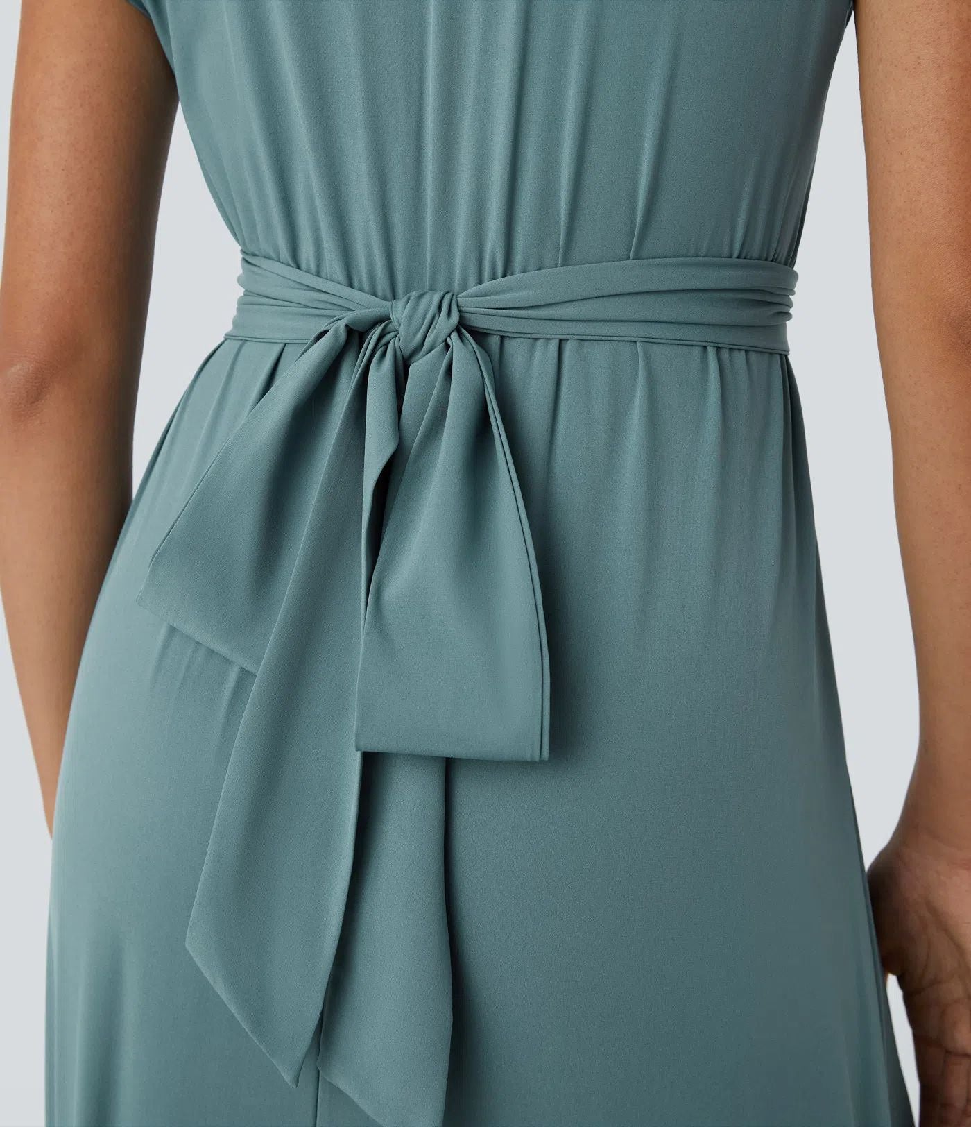 Solid Color Overlapping V-neck Short Sleeve Side Pocket Lace-up Quick-drying Mid-length Casual Dress