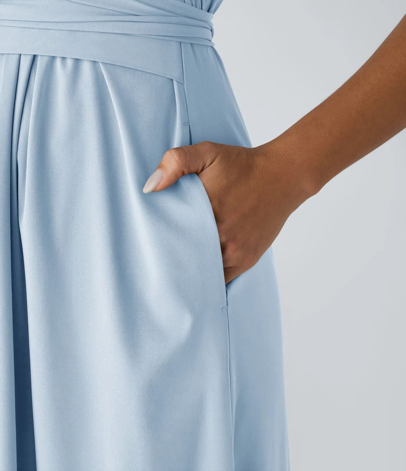 Solid Color Overlapping V-neck Short Sleeve Side Pocket Lace-up Quick-drying Mid-length Casual Dress