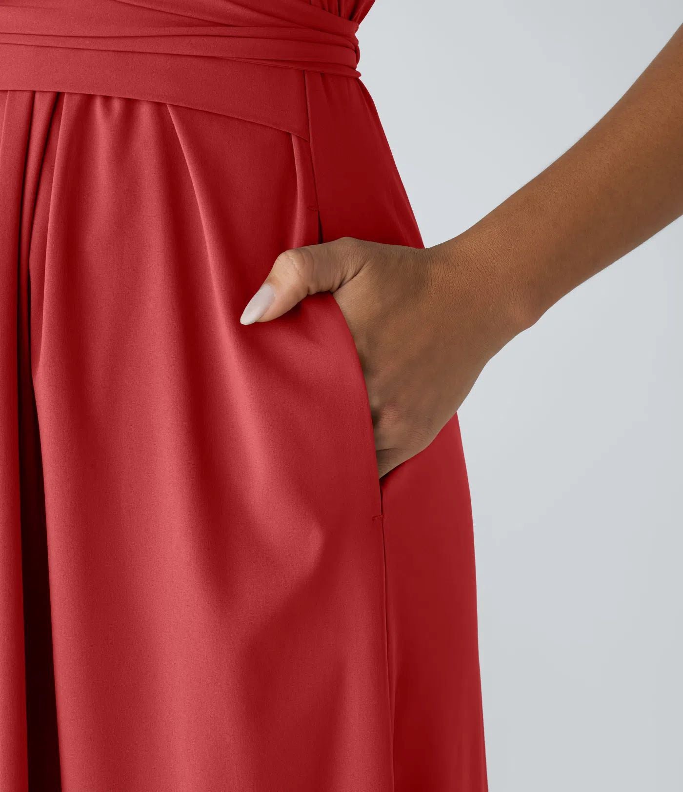 Solid Color Overlapping V-neck Short Sleeve Side Pocket Lace-up Quick-drying Mid-length Casual Dress