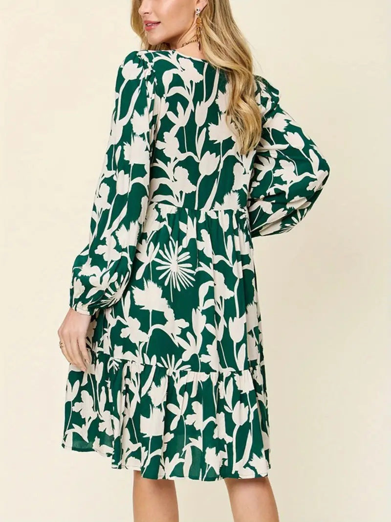 Casual Printed Long Sleeve Pleated Round Neck Dress