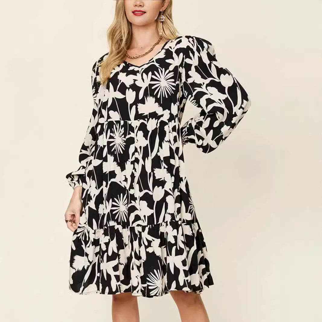 Casual Printed Long Sleeve Pleated Round Neck Dress