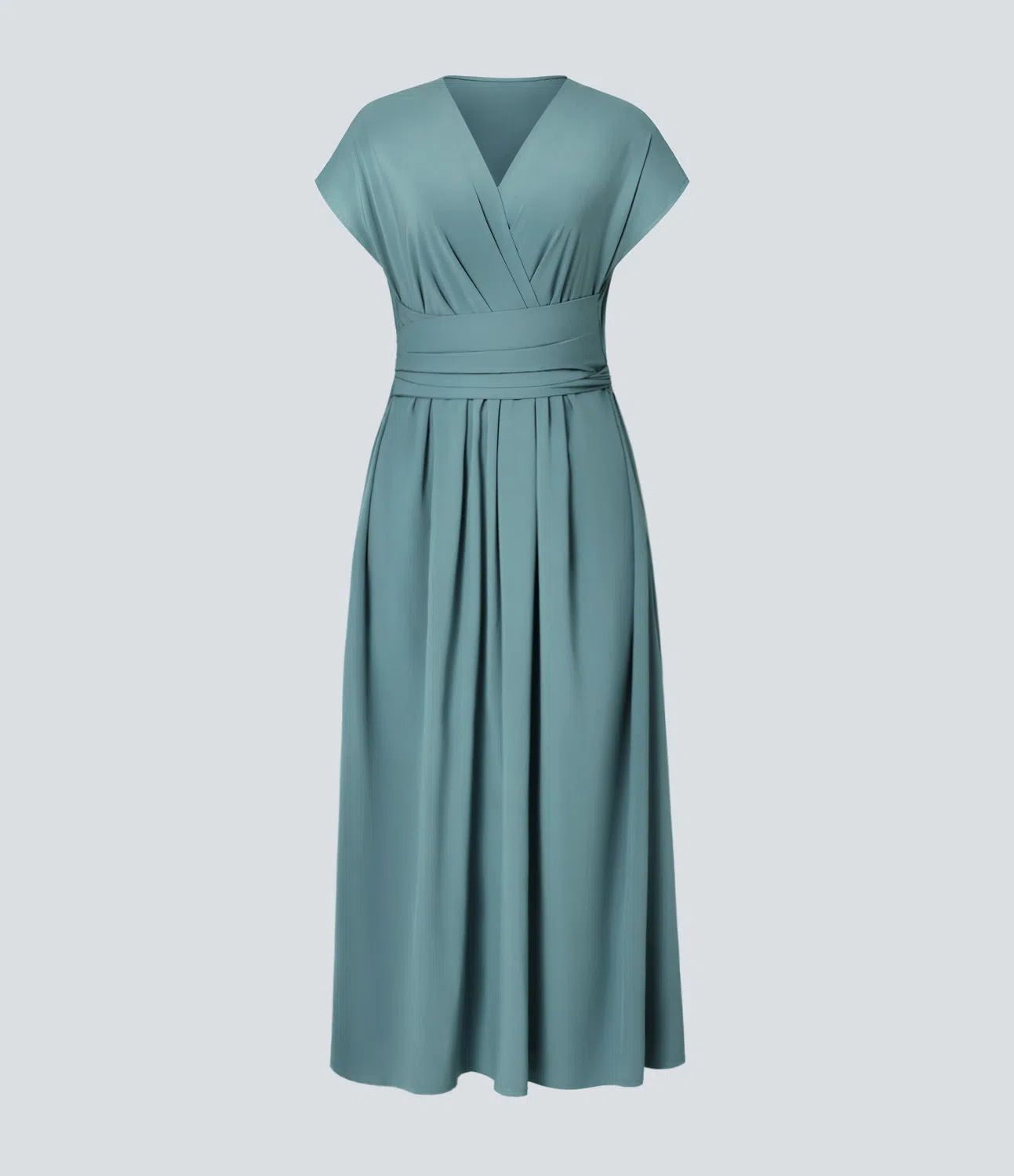 Solid Color Overlapping V-neck Short Sleeve Side Pocket Lace-up Quick-drying Mid-length Casual Dress