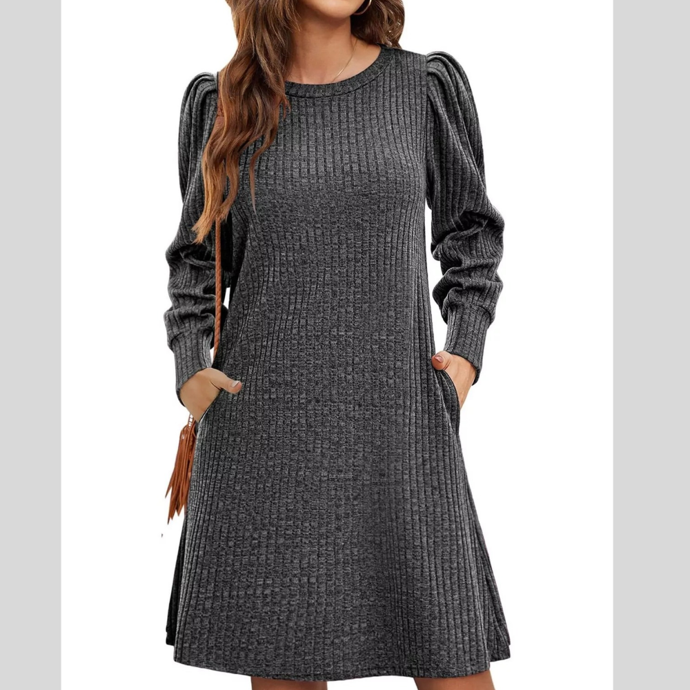 Puff Sleeve Ribbed Knit Dress with Pockets