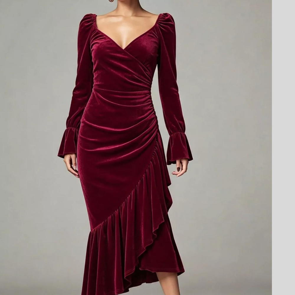 Velvet Ruched Ruffle Hem Midi Dress