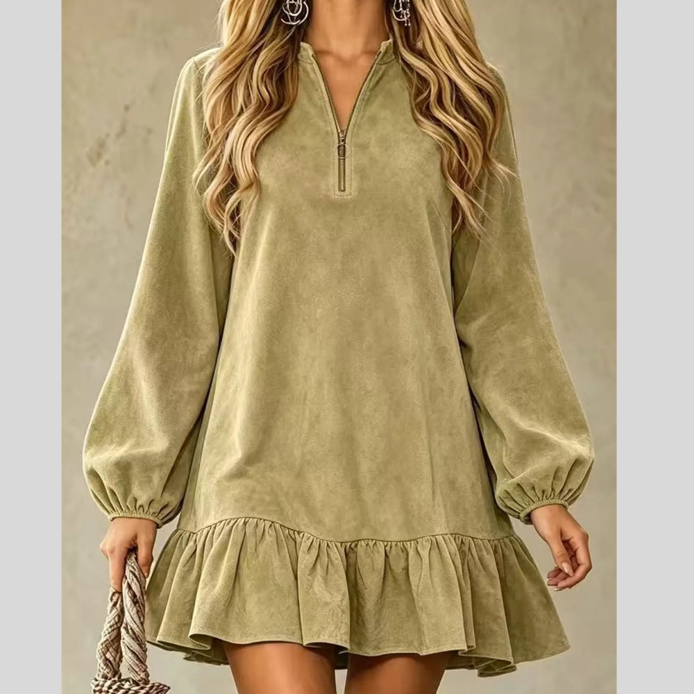 Quarter-Zip Ruffle Hem Mini Dress