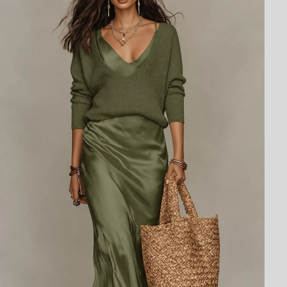Full Size V-Neck Sweater and Satin Maxi Dress Two-Piece Set Plus Size