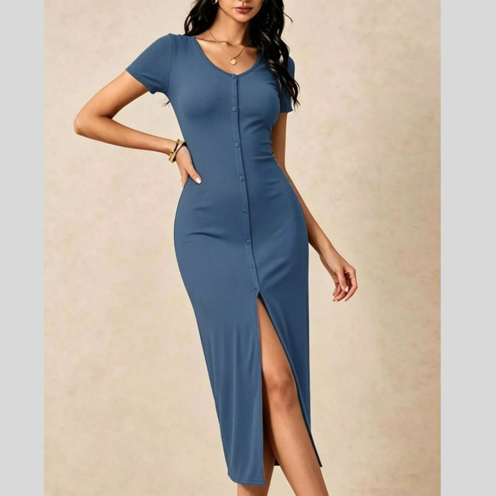 Slit Short Sleeve Bodycon Midi Dress
