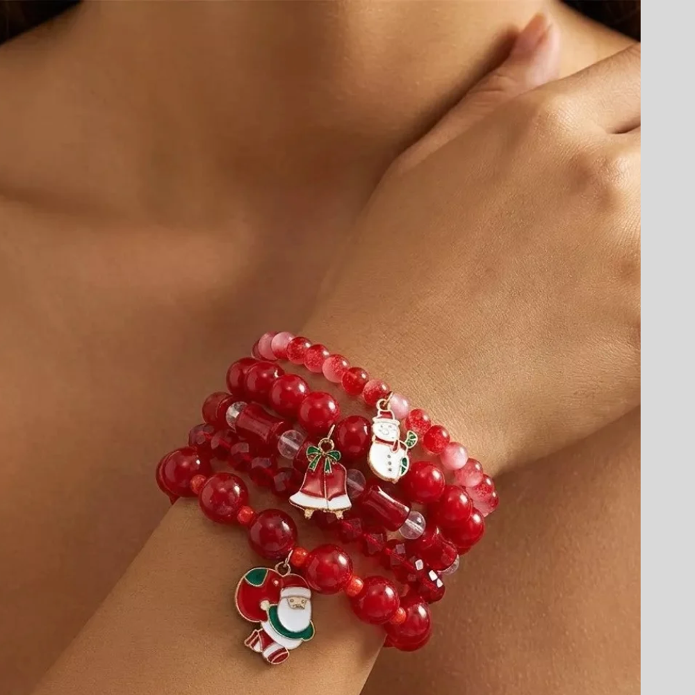 5 Piece Christmas Theme Beaded Charm Bracelet Set