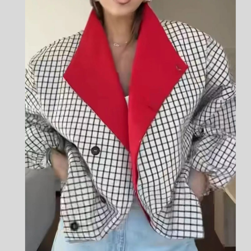 Contrast Lapel Plaid Casual Jacket