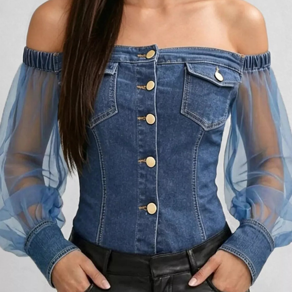 Full Size Off-Shoulder Sheer Sleeve Denim Top Plus Size