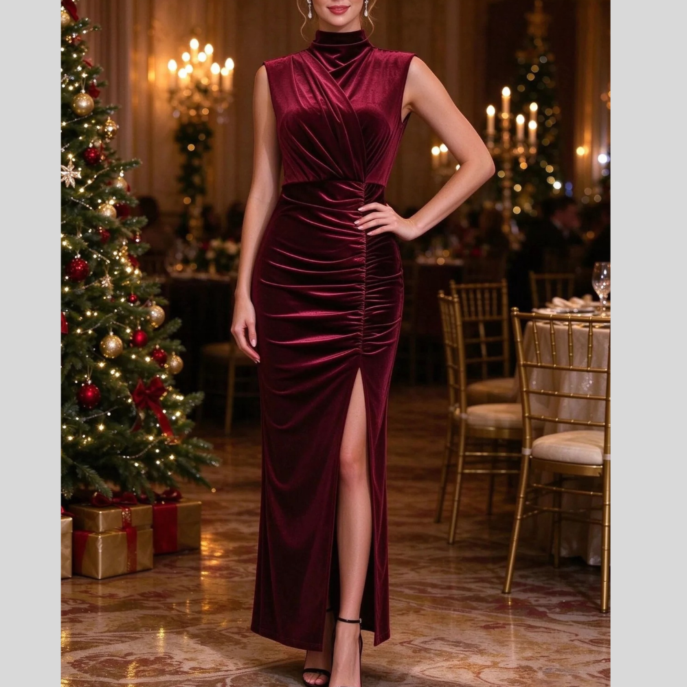 Velvet Mock Neck Ruched Slit Maxi Dress