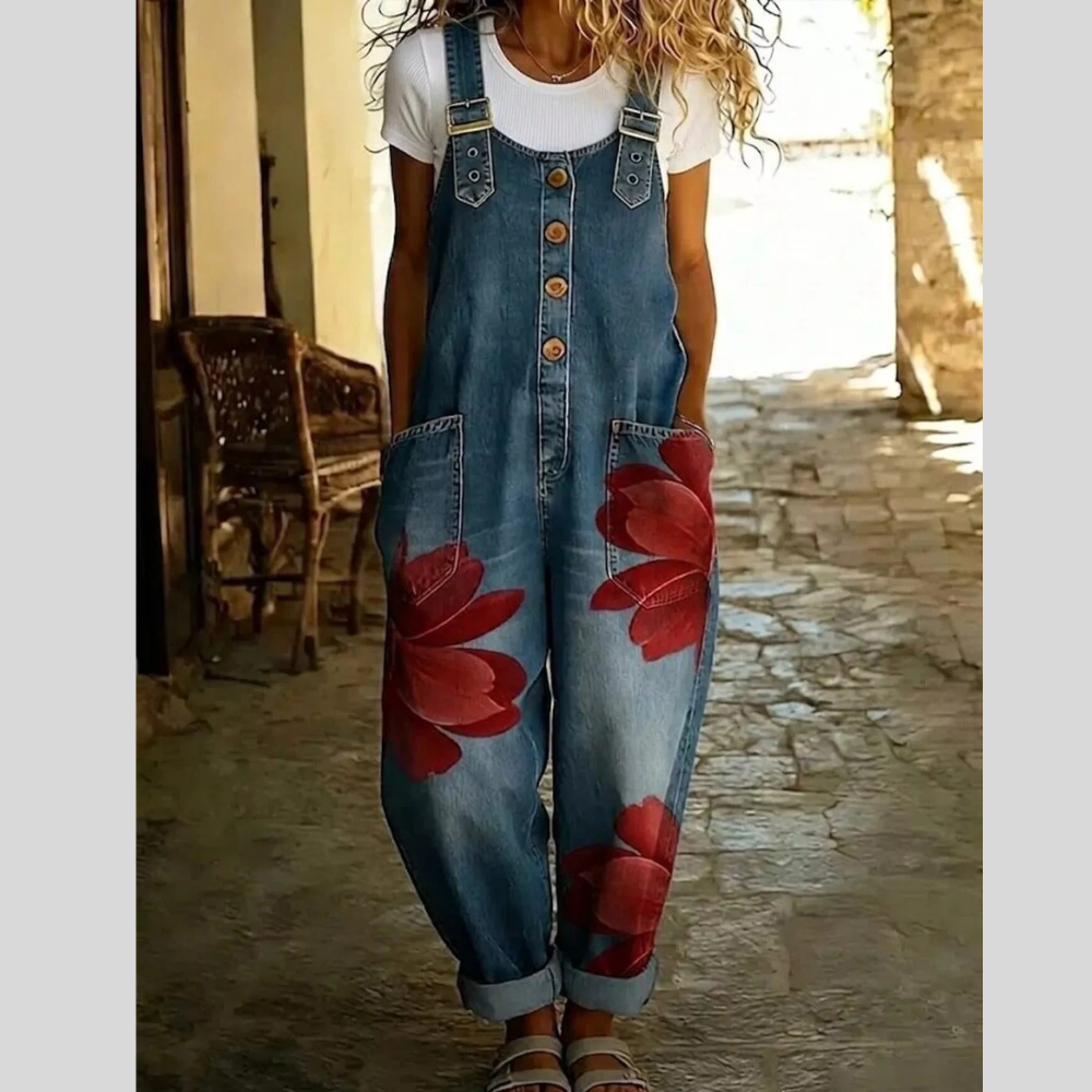 Full Size Floral Print Button Front Overalls Plus Size