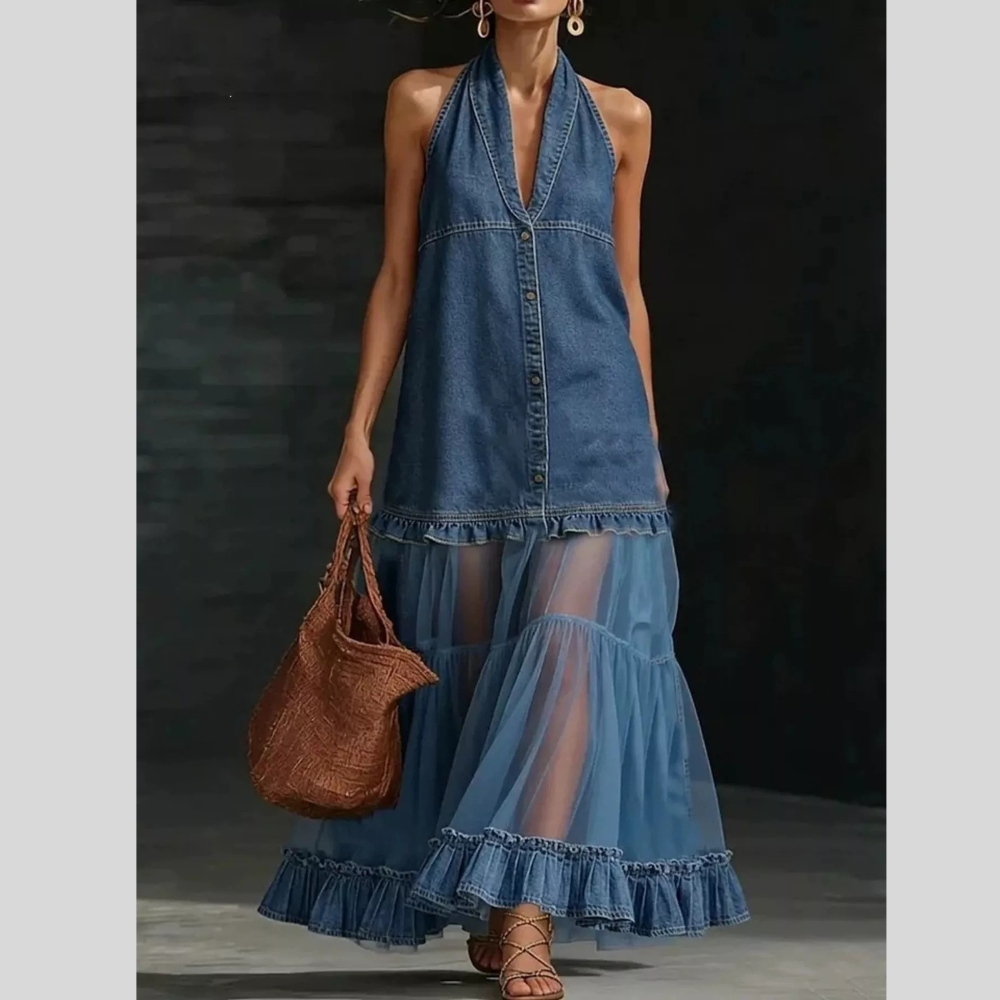 Full Size Halter Neck Dress with Sheer Tulle Ruffle Hem Plus Size