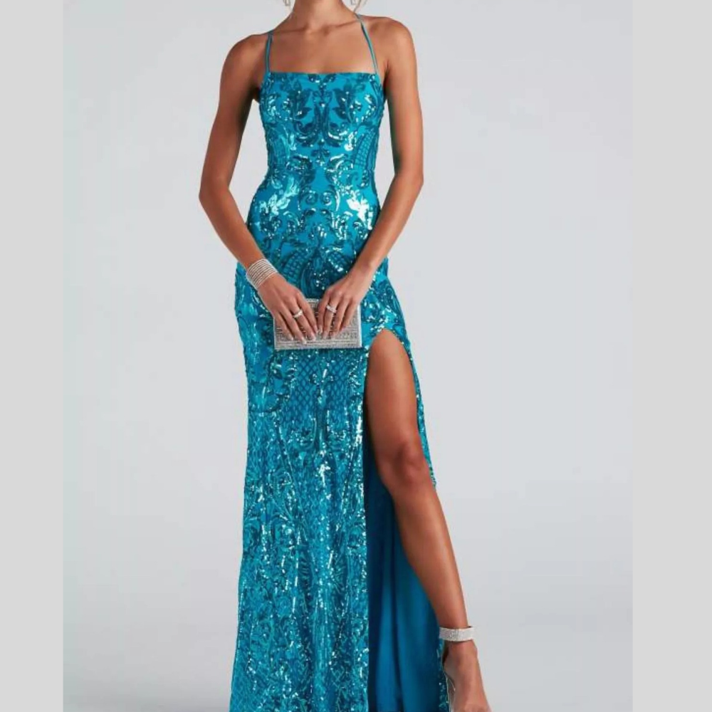 Sequin Embellished Bodycon Backless Evening Dress with Back Lace-Up