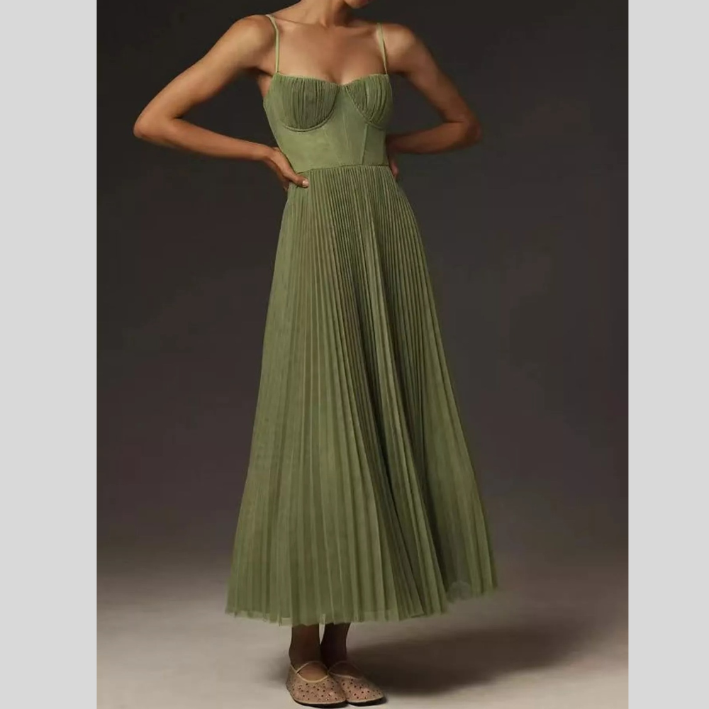 Pleated Sweetheart Neck Midi Dress