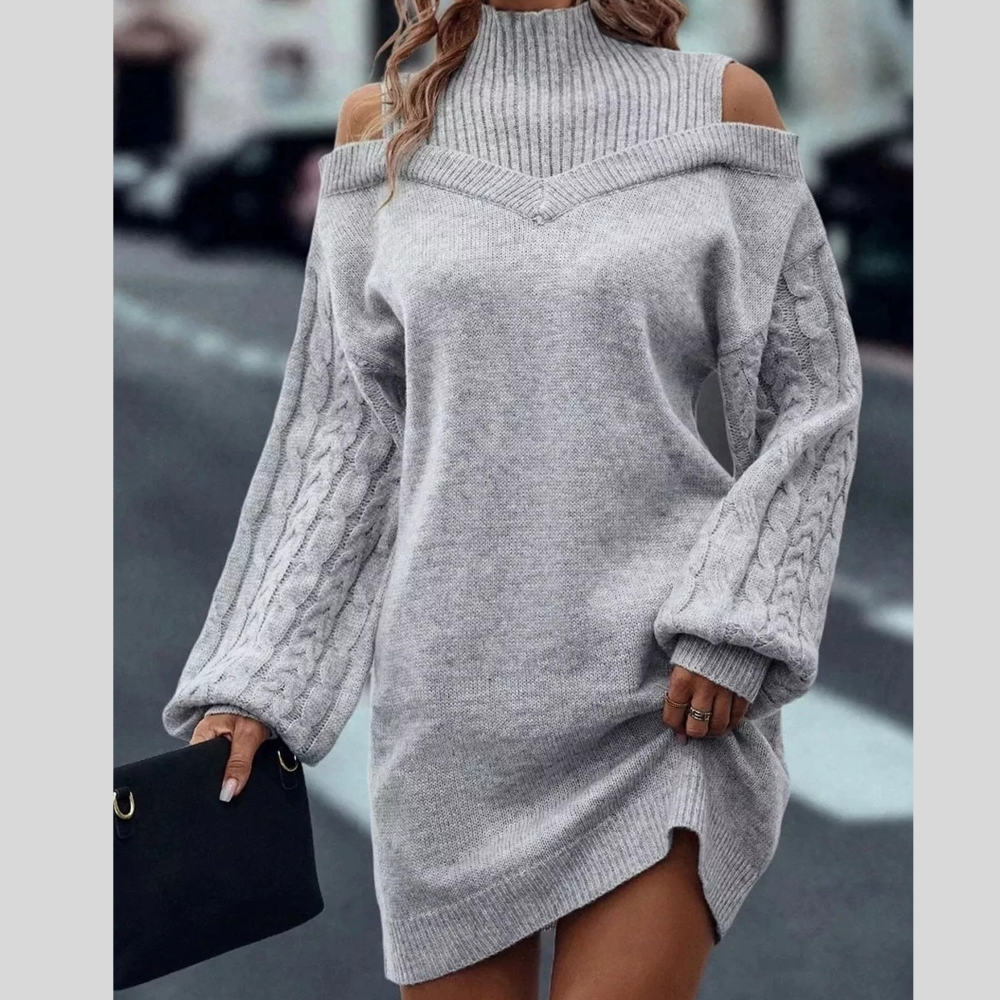 Cold Shoulder Cable Knit Mock Neck Sweater Dress
