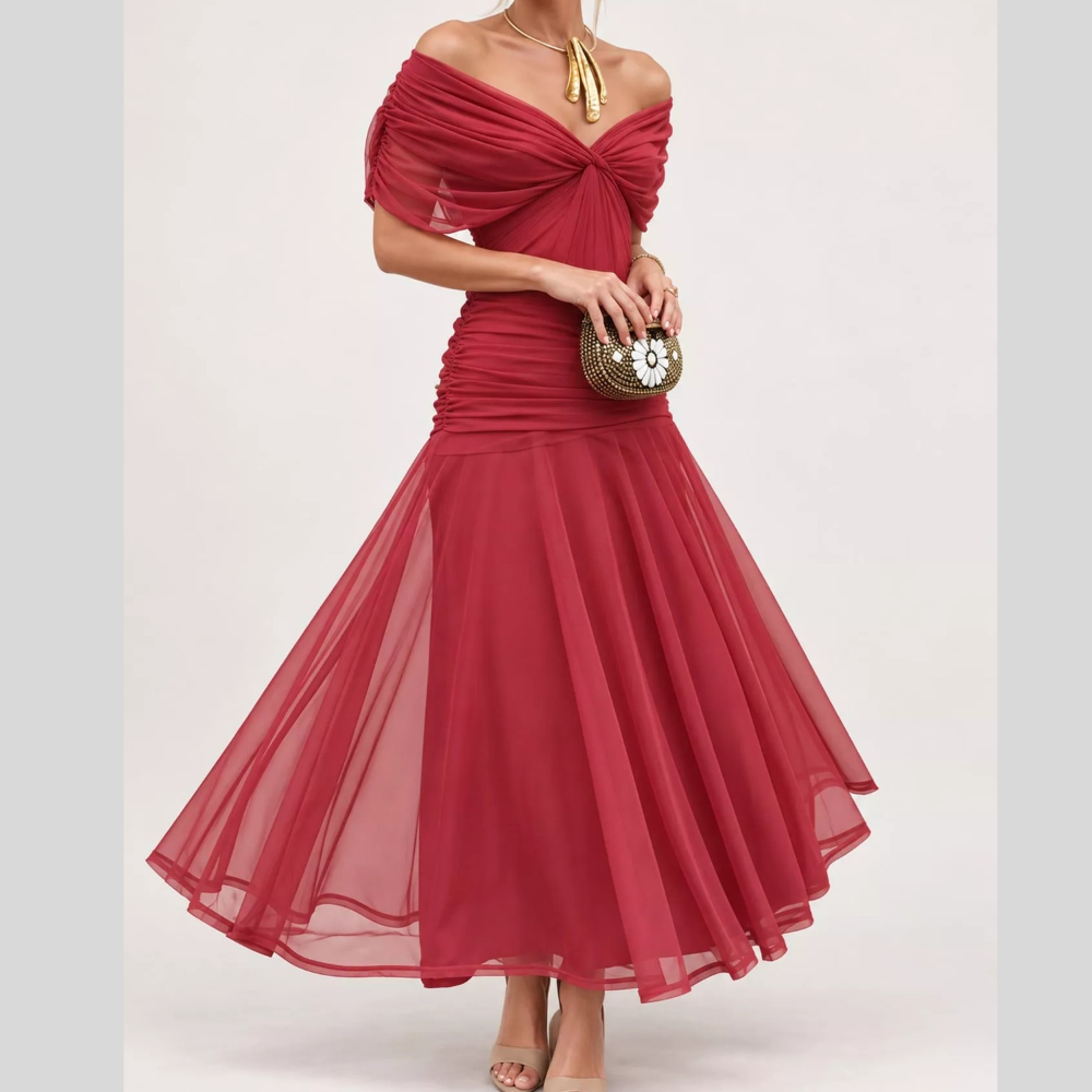 Full Size Off-Shoulder Ruched Tulle Maxi Evening Dress Plus Size