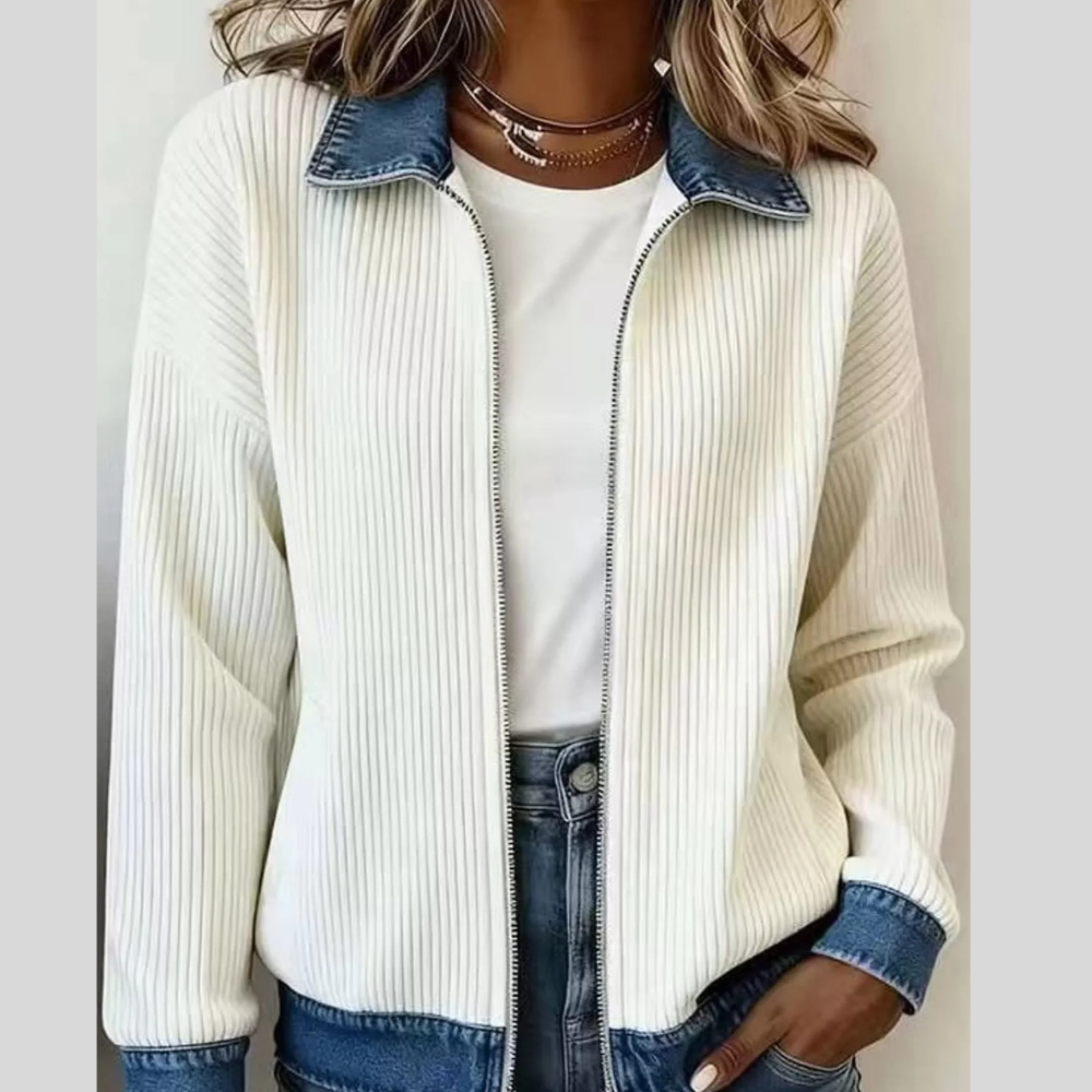 Full Size Denim-Collar Ribbed Knit Zip-Up Jacket Plus Size