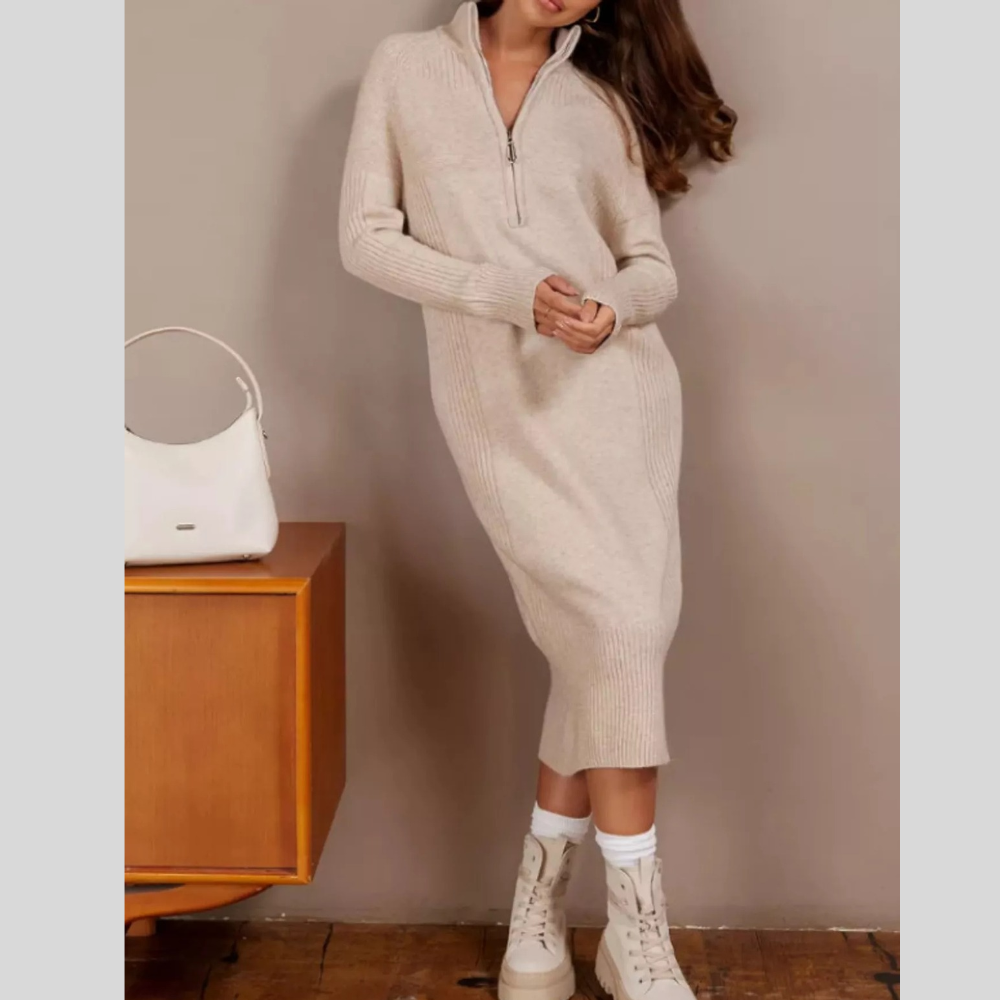 Half-Zip Ribbed Knit Sweater Dress