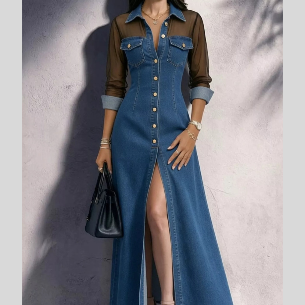 Full Size Sheer Mesh Panel Button-Down Denim Maxi Dress Plus Size