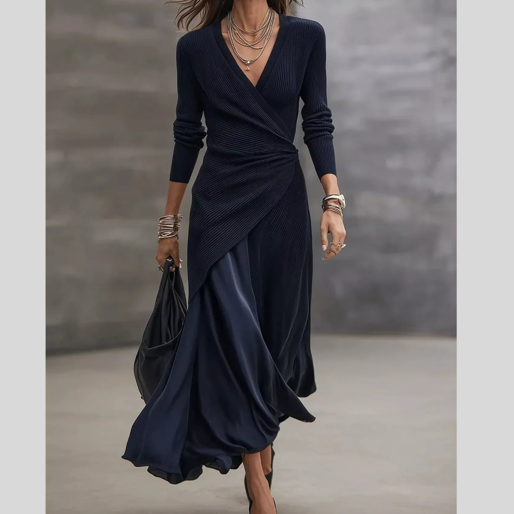 Surplice Neck Long Sleeve Midi Dress