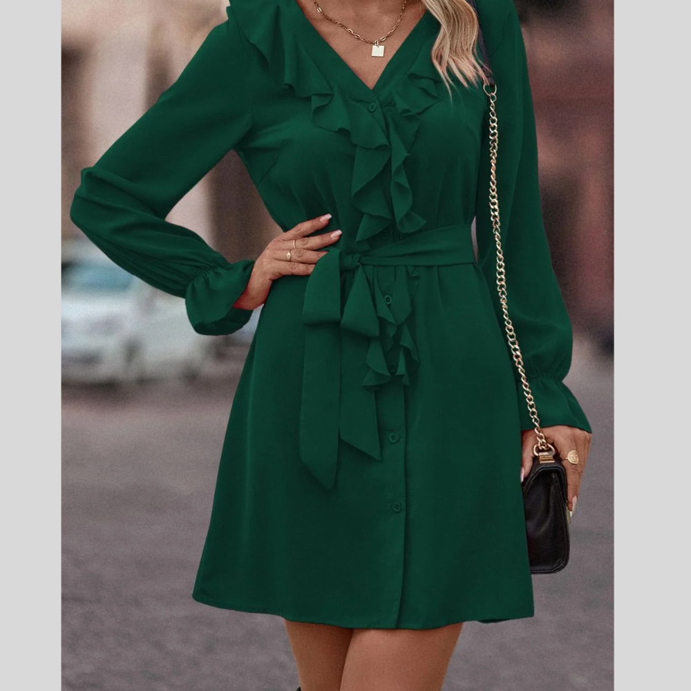 Ruffled Flounce Sleeve V-Neck Belted Dress